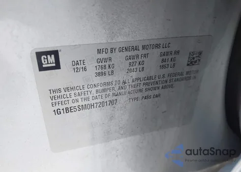 2017 Chevrolet Cruze Lt Auto z USA, uszkodzony, nr VIN 1G1BE5SM0H7201707